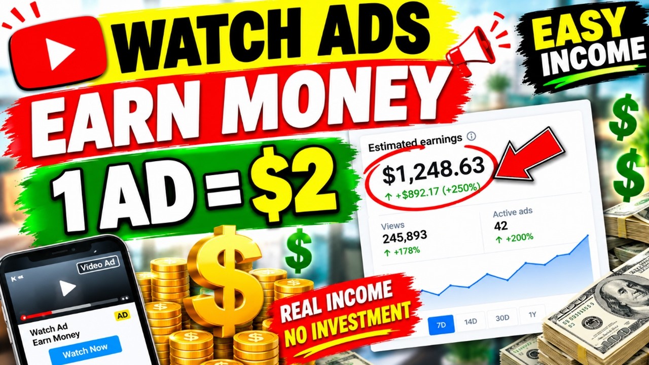 1AD=$2 WATCH ADS EARN MONEY - MAKE MONEY ONLINE ADS WATCHING JOB